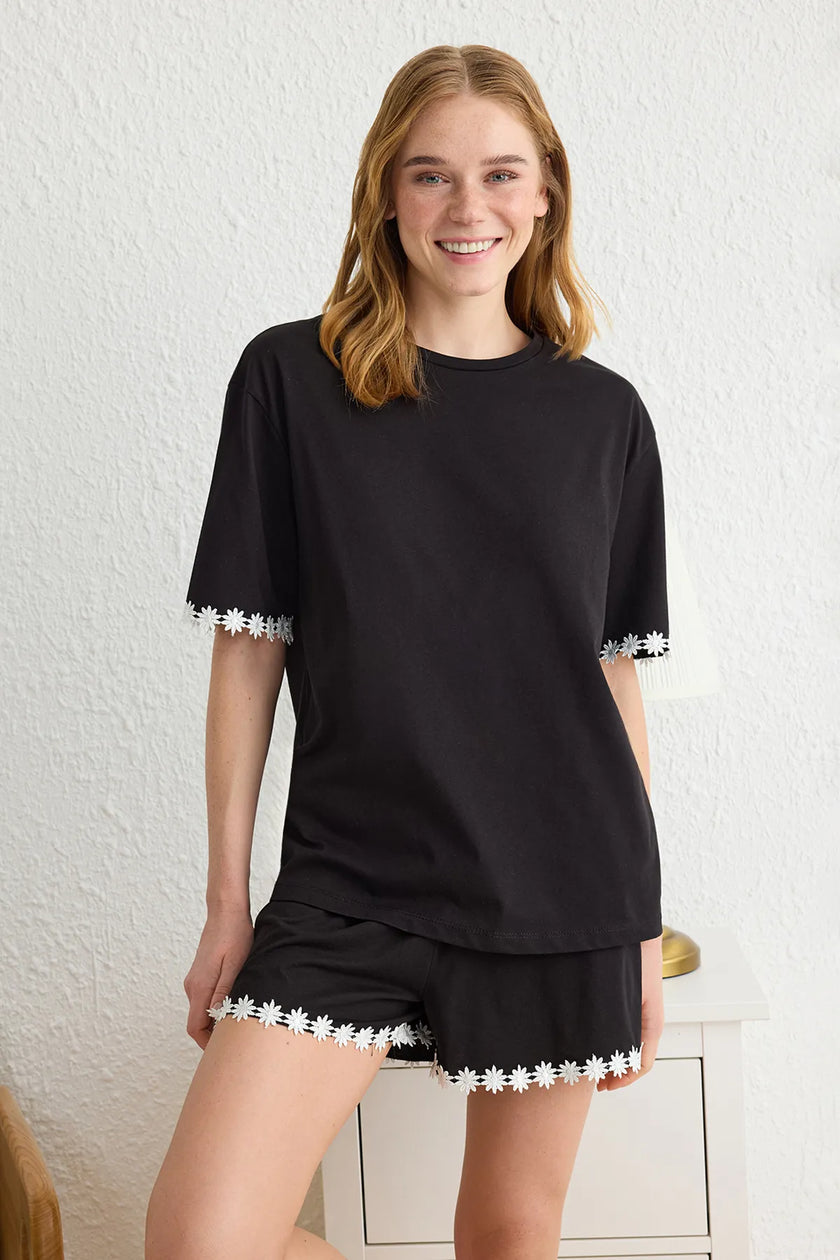 Black 100% Cotton Daisy Stripe Detailed Shorts Knitted Pajama Set