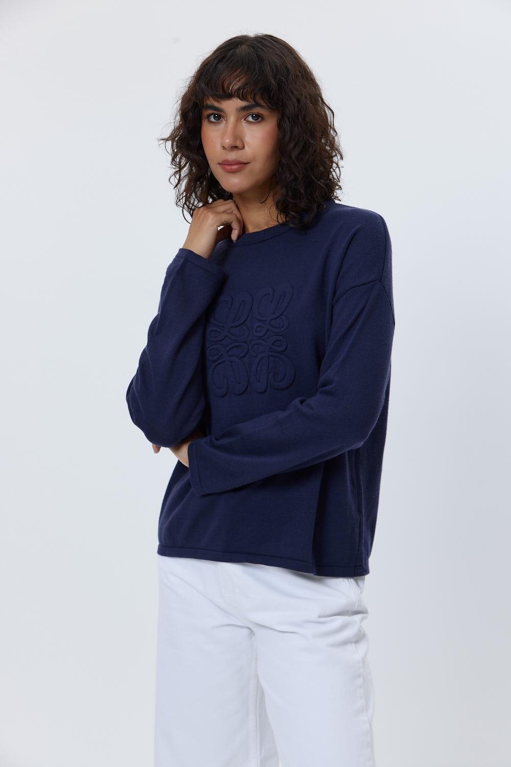 Crew Neck Basic Knitwear Navy Blue Women's Sweater