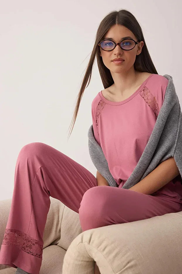 Dusty Rose Lace Detailed Viscose Knit Pajama Set