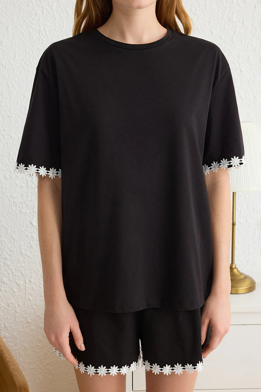 Black 100% Cotton Daisy Stripe Detailed Shorts Knitted Pajama Set