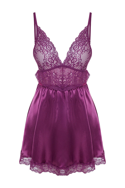 Purple Satin Lace Detailed Babydoll