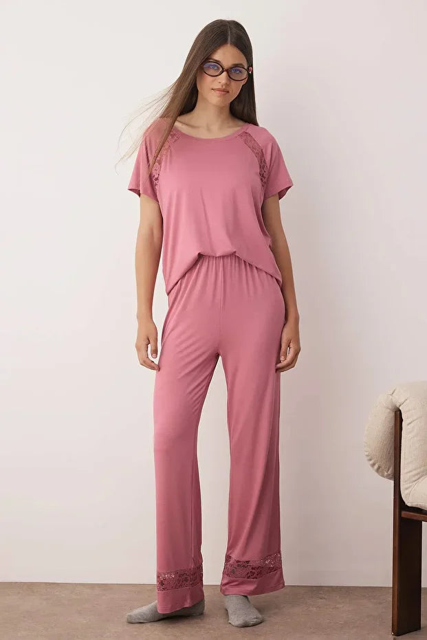 Dusty Rose Lace Detailed Viscose Knit Pajama Set