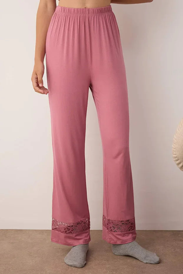 Dusty Rose Lace Detailed Viscose Knit Pajama Set