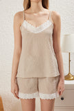 Beige Plaid Embroidered Seersucker Shorts Woven Pajama Set