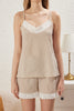 Beige Plaid Embroidered Seersucker Shorts Woven Pajama Set