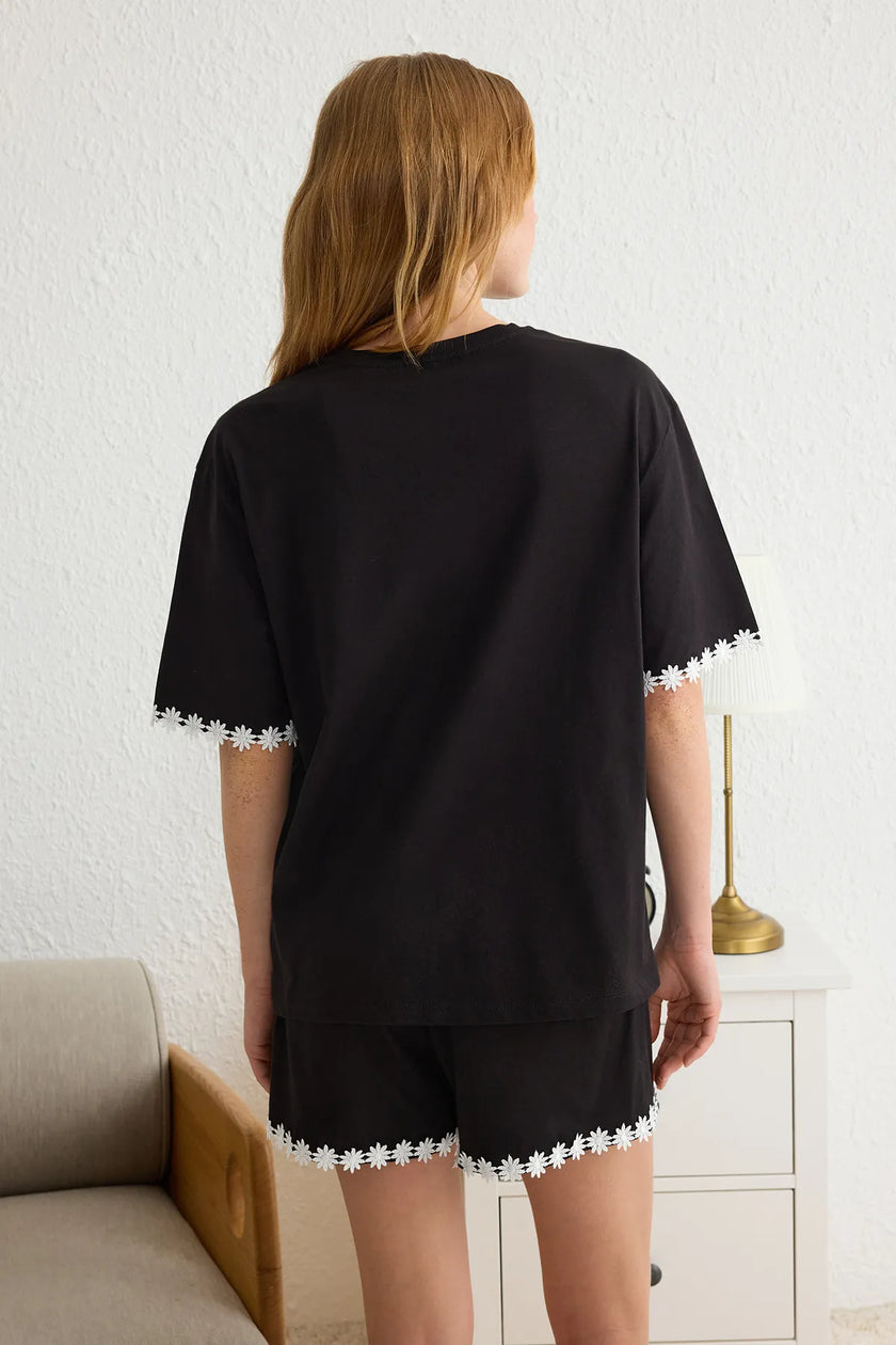 Black 100% Cotton Daisy Stripe Detailed Shorts Knitted Pajama Set
