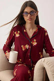 Burgundy Teddy Bear Christmas-Themed Knitted Pajama Set with Piping