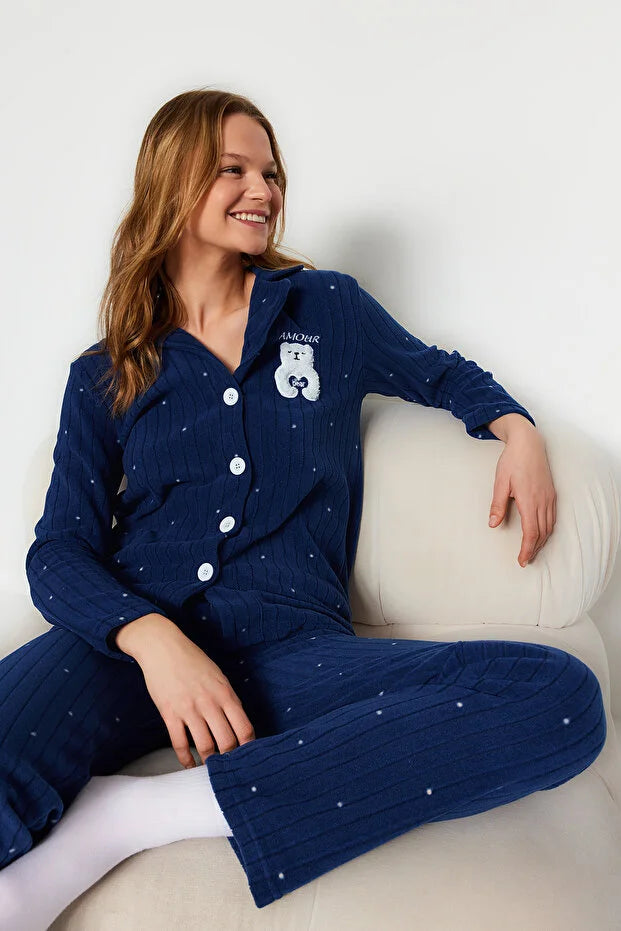 Navy Blue Polka Dot Animal Print Fleece Winter Knit Pajama Set