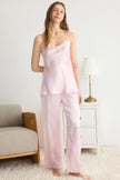 Pink Ruffled Rope Strap Satin Woven Pajama Set