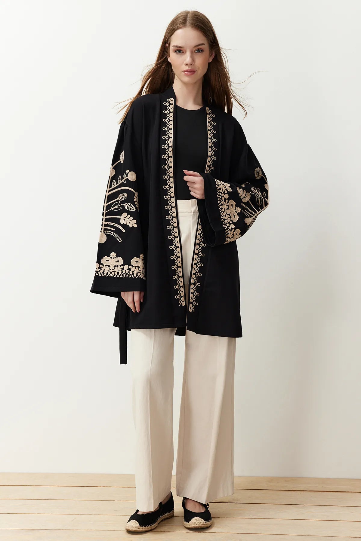 Black Woven Embroidered Cape &amp; Abaya &amp; Kimono