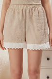 Beige Plaid Embroidered Seersucker Shorts Woven Pajama Set