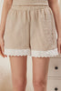 Beige Plaid Embroidered Seersucker Shorts Woven Pajama Set