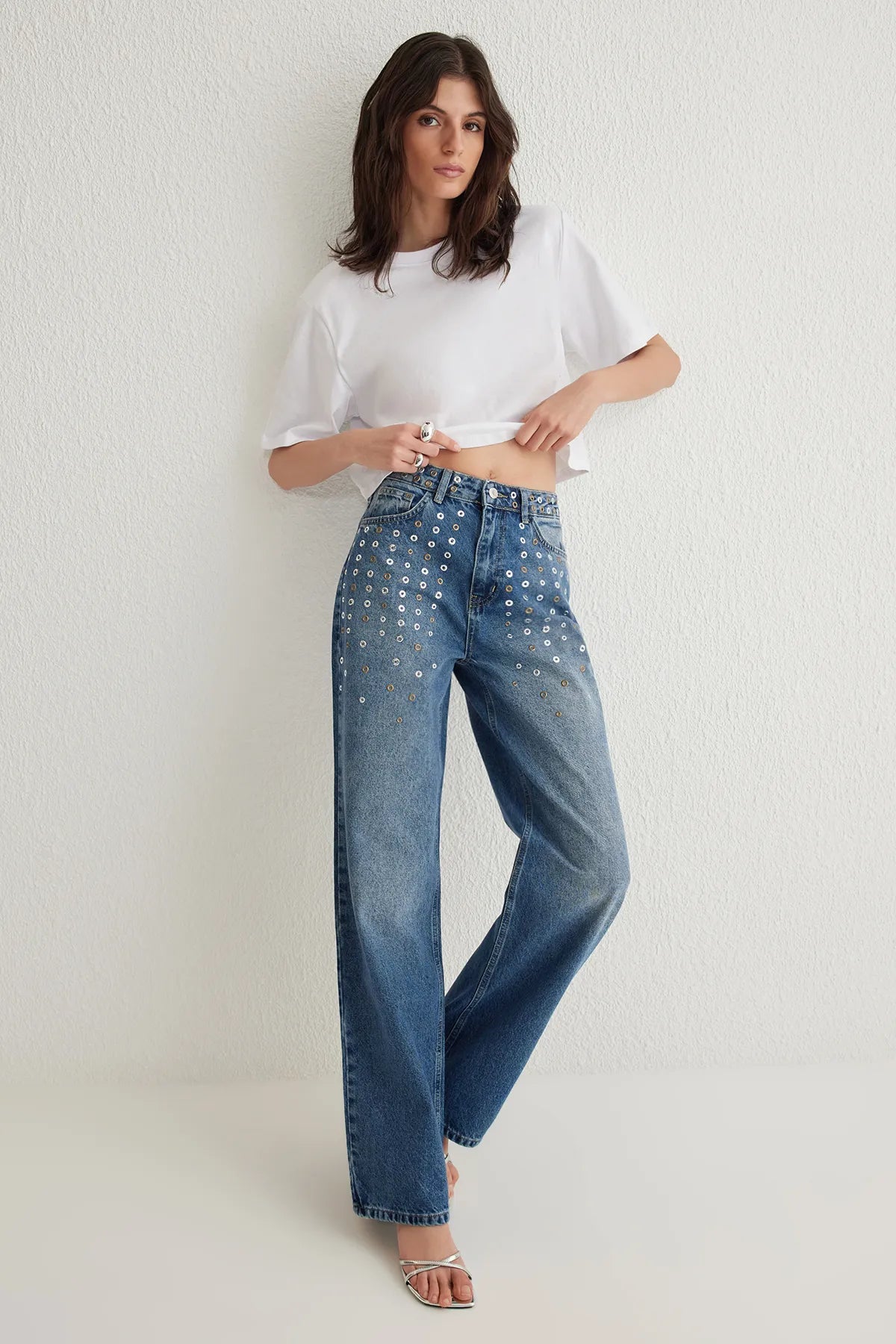 Blue Eyelet Detail High Waist Wide Leg Jeans