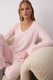 Pink V-Neck Soft Touch Brushed Winter Ribbed Knit Pajama Set