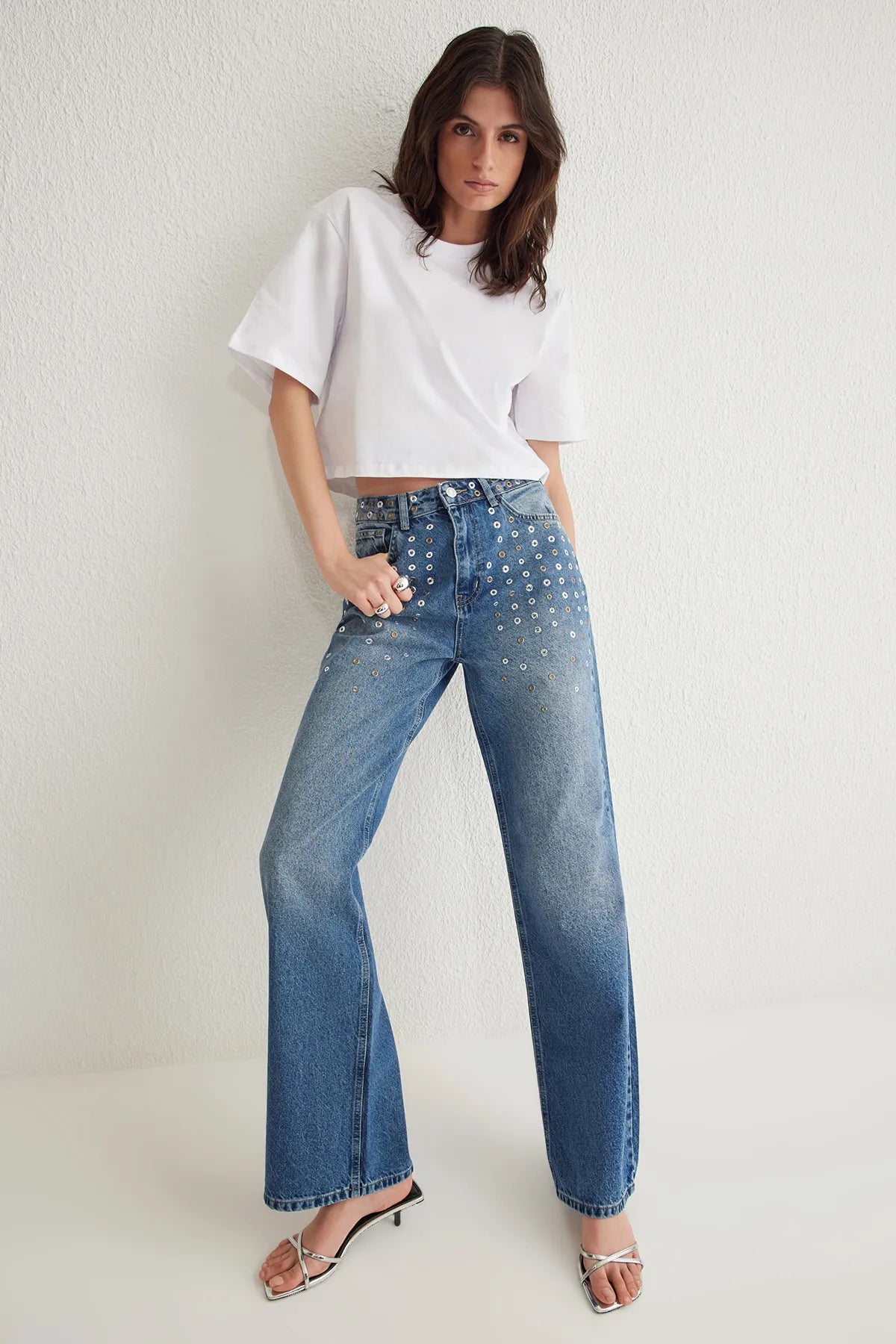 Blue Eyelet Detail High Waist Wide Leg Jeans