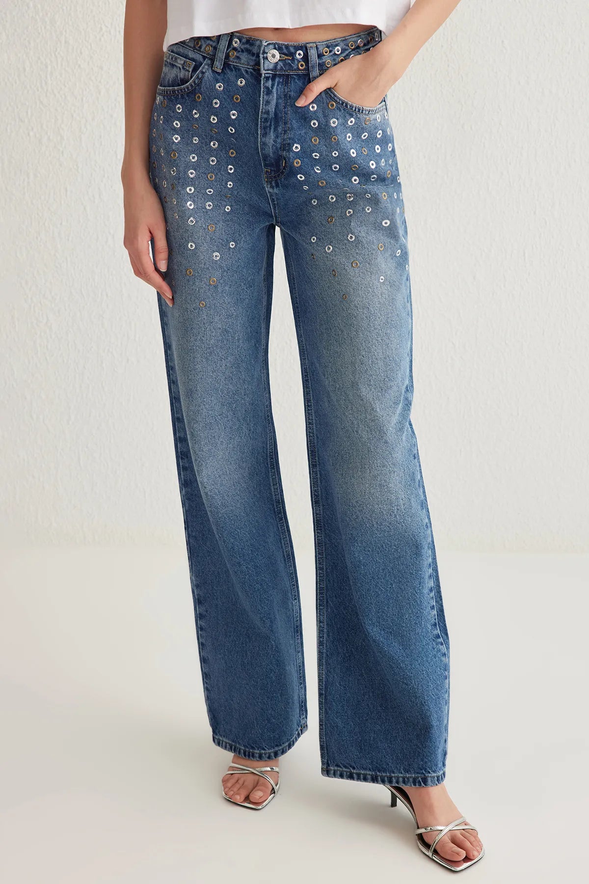 Blue Eyelet Detail High Waist Wide Leg Jeans