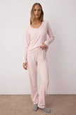 Pink V-Neck Soft Touch Brushed Winter Ribbed Knit Pajama Set