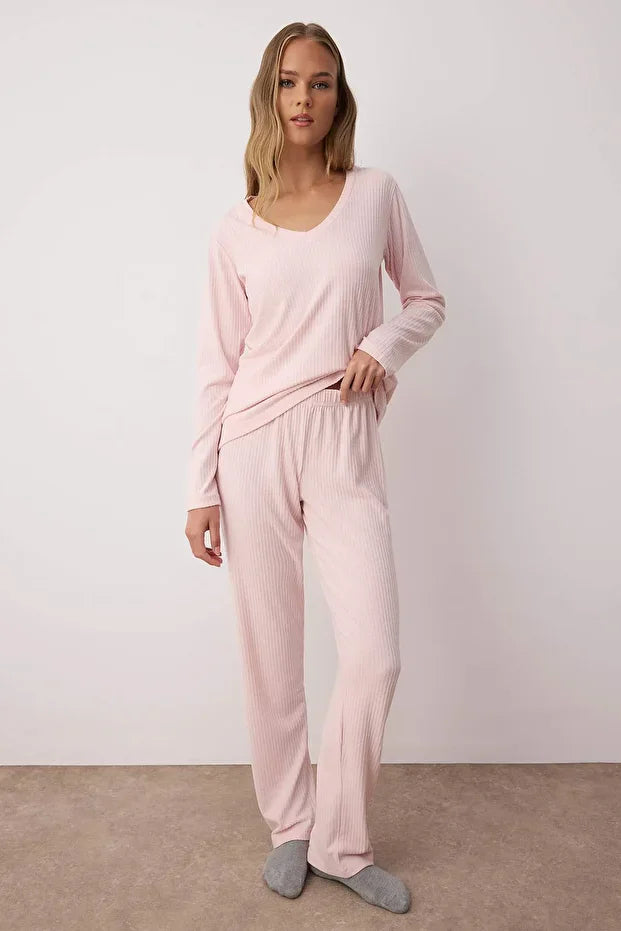 Pink V-Neck Soft Touch Brushed Winter Ribbed Knit Pajama Set