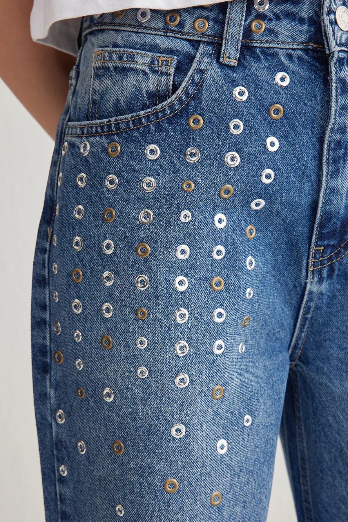 Blue Eyelet Detail High Waist Wide Leg Jeans