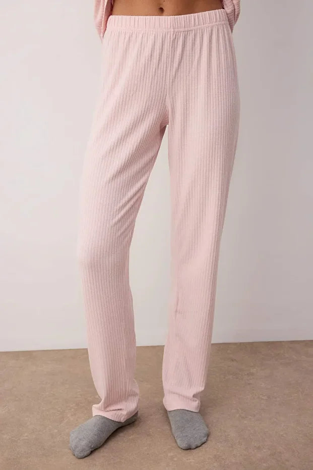 Pink V-Neck Soft Touch Brushed Winter Ribbed Knit Pajama Set