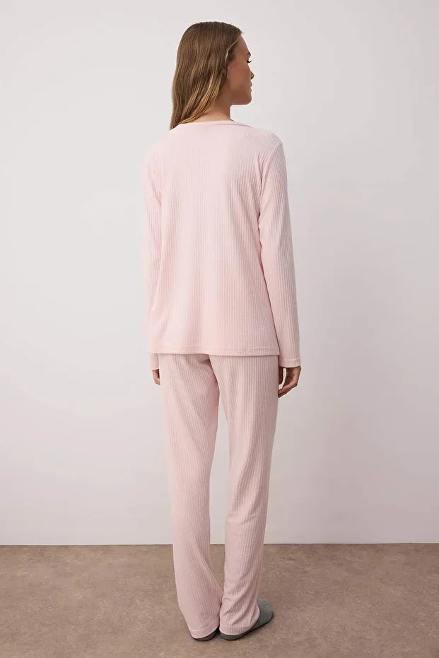 Pink V-Neck Soft Touch Brushed Winter Ribbed Knit Pajama Set
