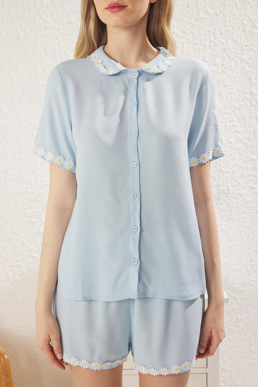 Blue Daisy Striped Viscose Shorts Woven Pajama Set