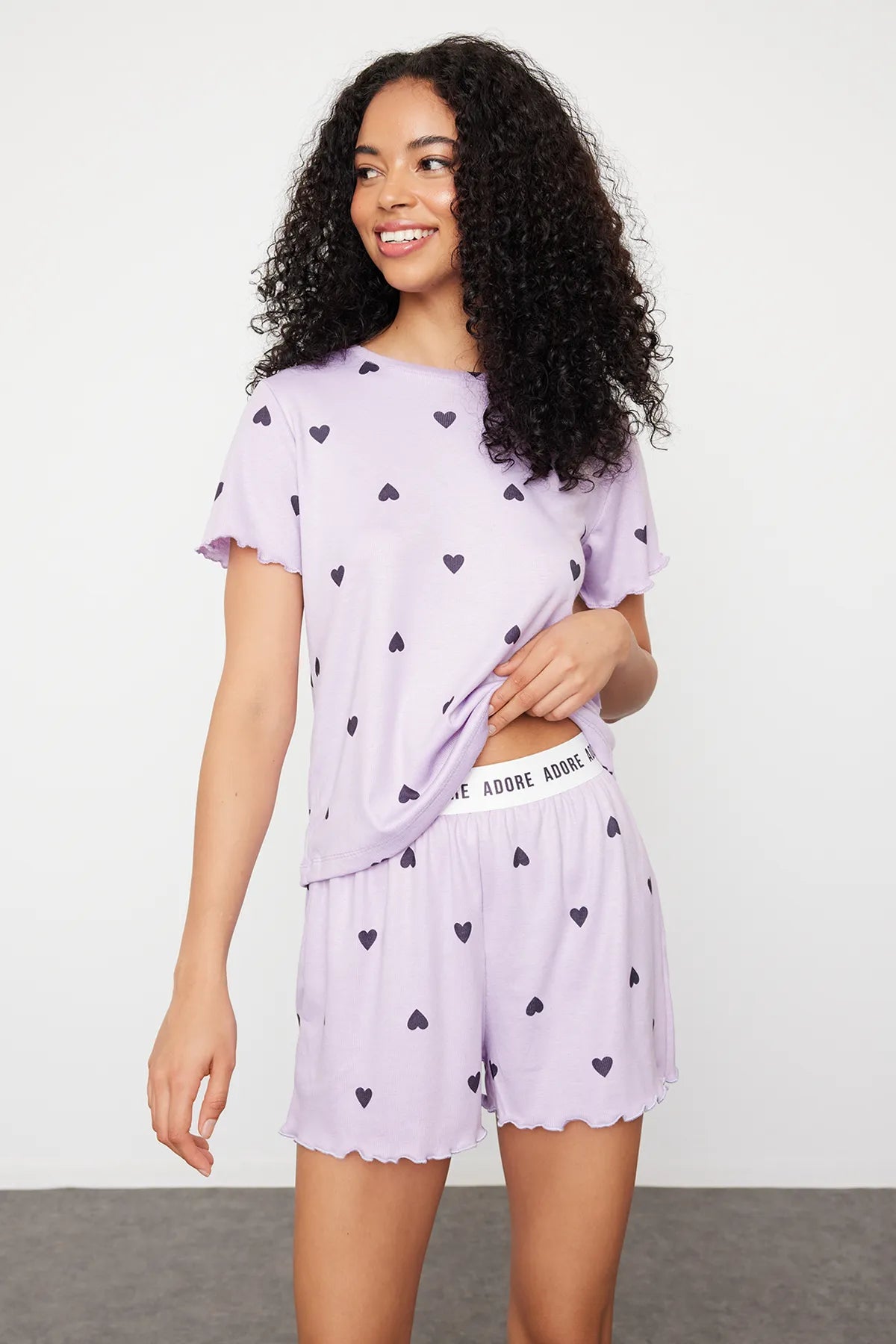 Lilac Heart Slogan Printed Elastic Detailed Ribbed Shorts Knitted Pajama Set