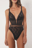 Black Tulle/Mesh and Agraffe Detailed Lace Coverless Knitted Bodysuit