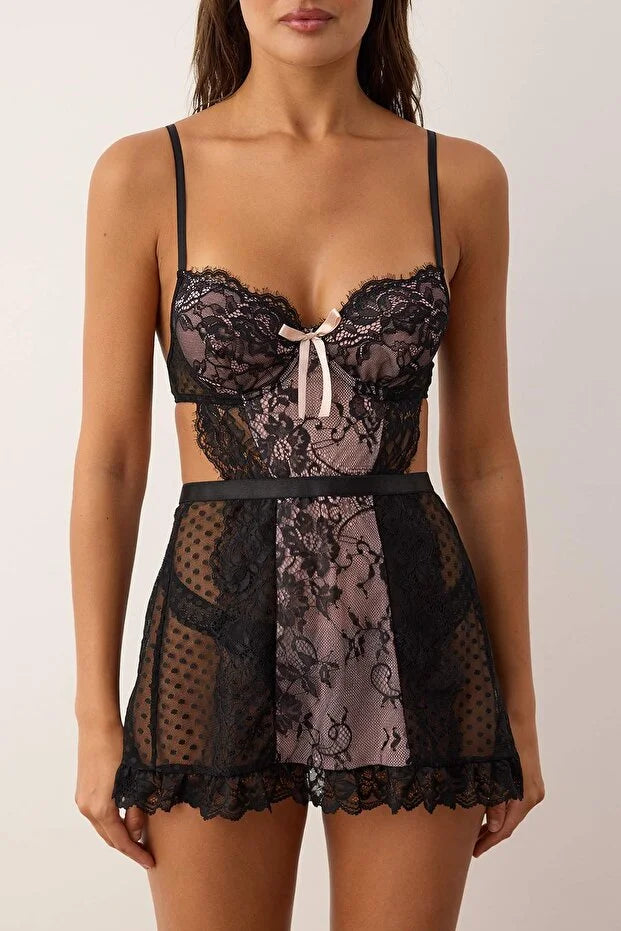 Black Underwire Ruffle Plain Coverless Babydoll | Home Wear | Lingerie | Lebbse Black Underwire Ruffle Plain Coverless Babydoll | Home Wear | Lingerie | Lebbse