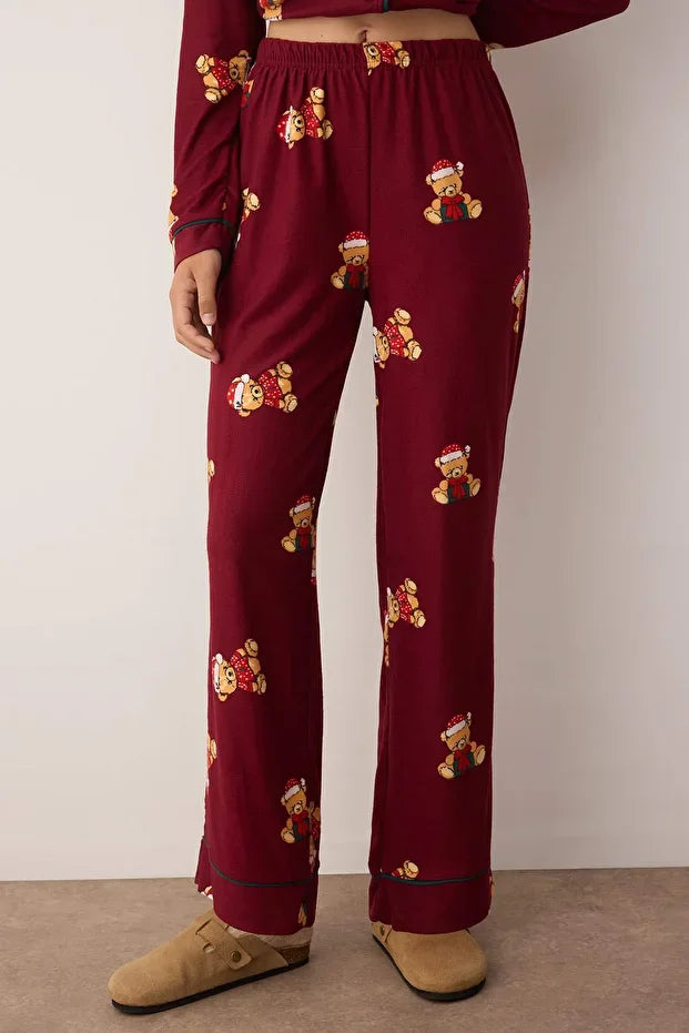 Burgundy Teddy Bear Christmas-Themed Knitted Pajama Set with Piping