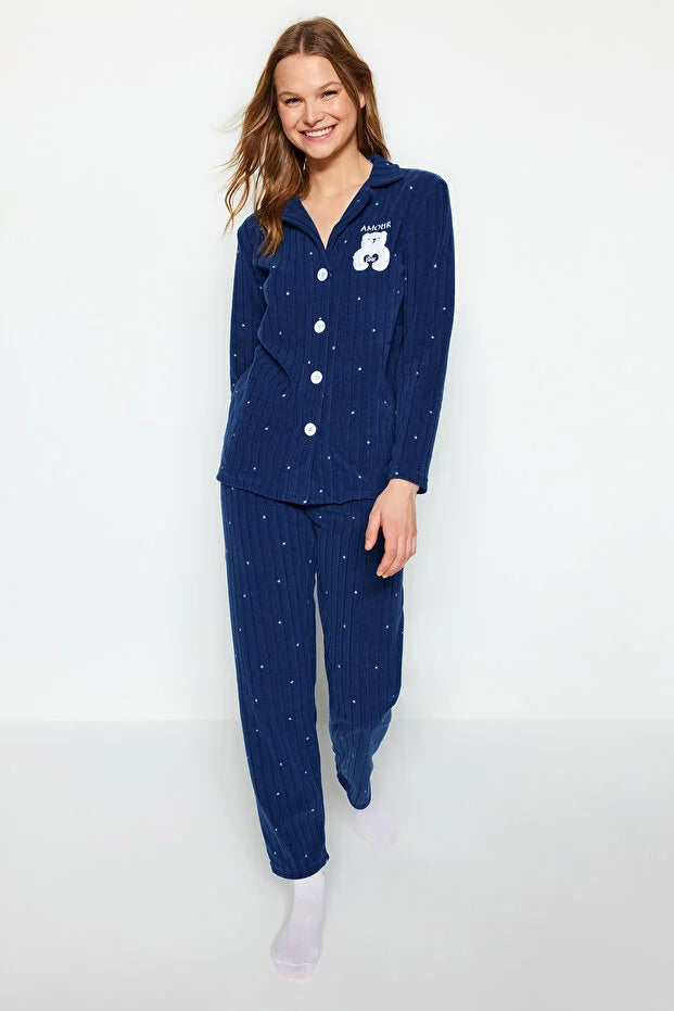 Navy Blue Polka Dot Animal Print Fleece Winter Knit Pajama Set