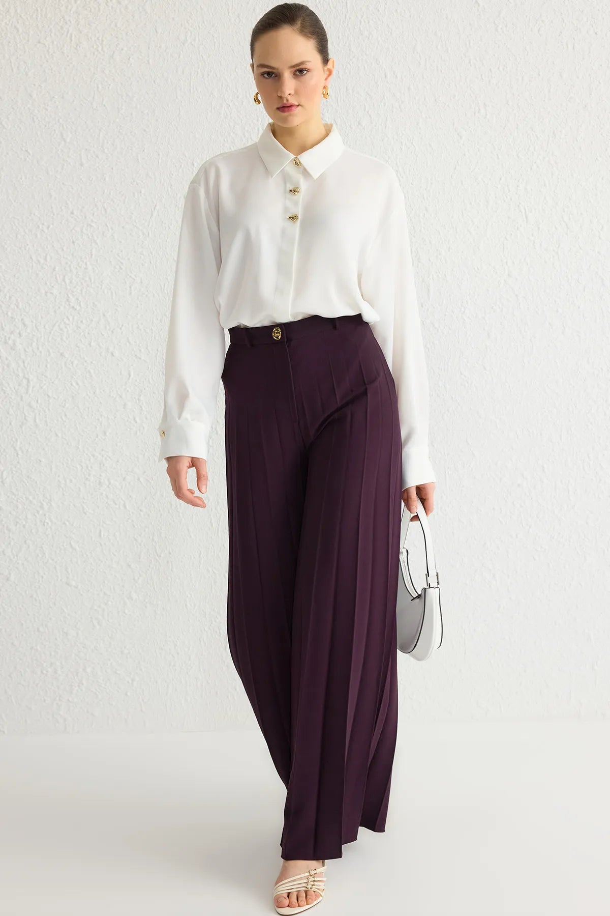 Plum Woven Wide Leg Pleated Detailed Fabric Trouser Skirt