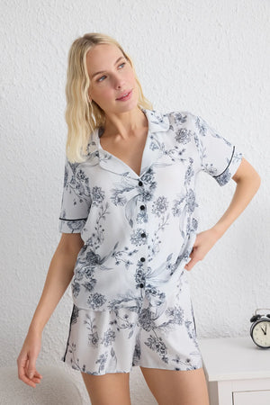 White-Multicolored Floral Piping Detailed Viscose Shorts Woven Pajama Set