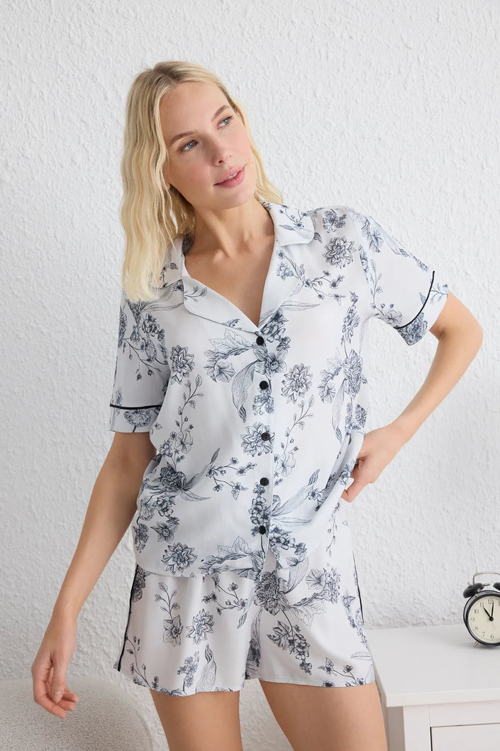 White-Multicolored Floral Piping Detailed Viscose Shorts Woven Pajama Set