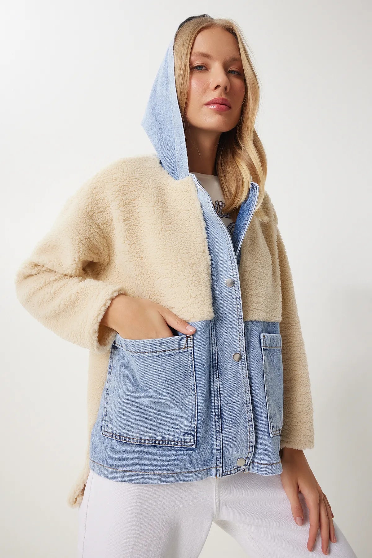 Cream Blue Hooded Denim Detailed Plush Jacket