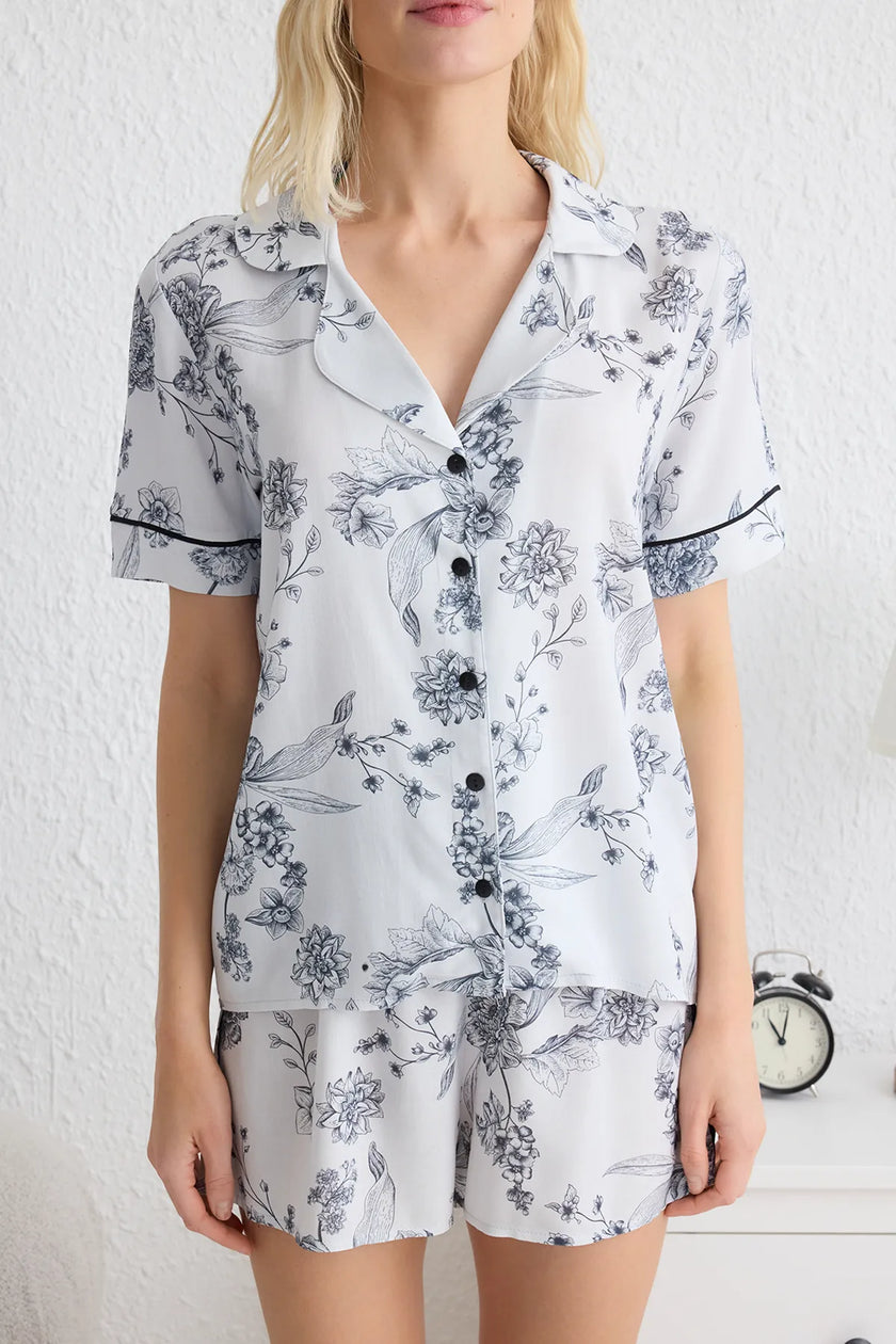 White-Multicolored Floral Piping Detailed Viscose Shorts Woven Pajama Set