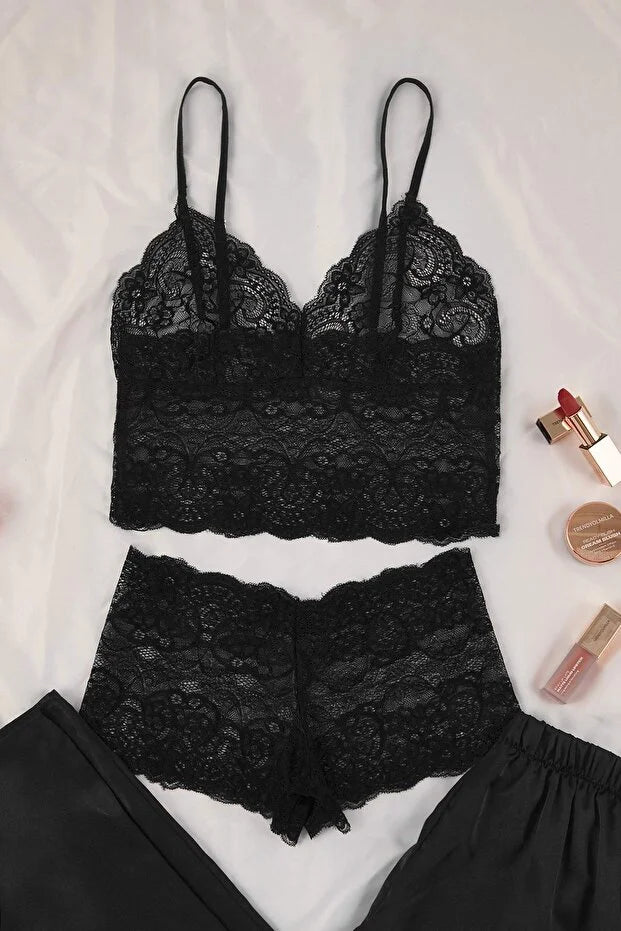 Black 3-Piece Dowry Set: Lace Top, Satin Bottom, and Woven Pajama Set with Suspender Panties
