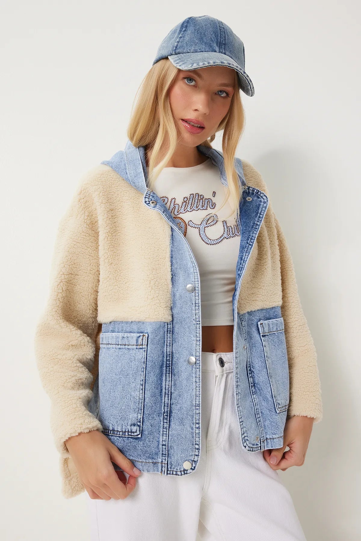 Cream Blue Hooded Denim Detailed Plush Jacket