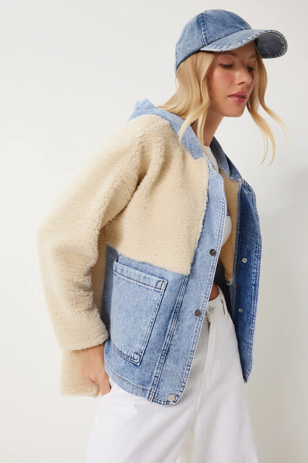 Cream Blue Hooded Denim Detailed Plush Jacket