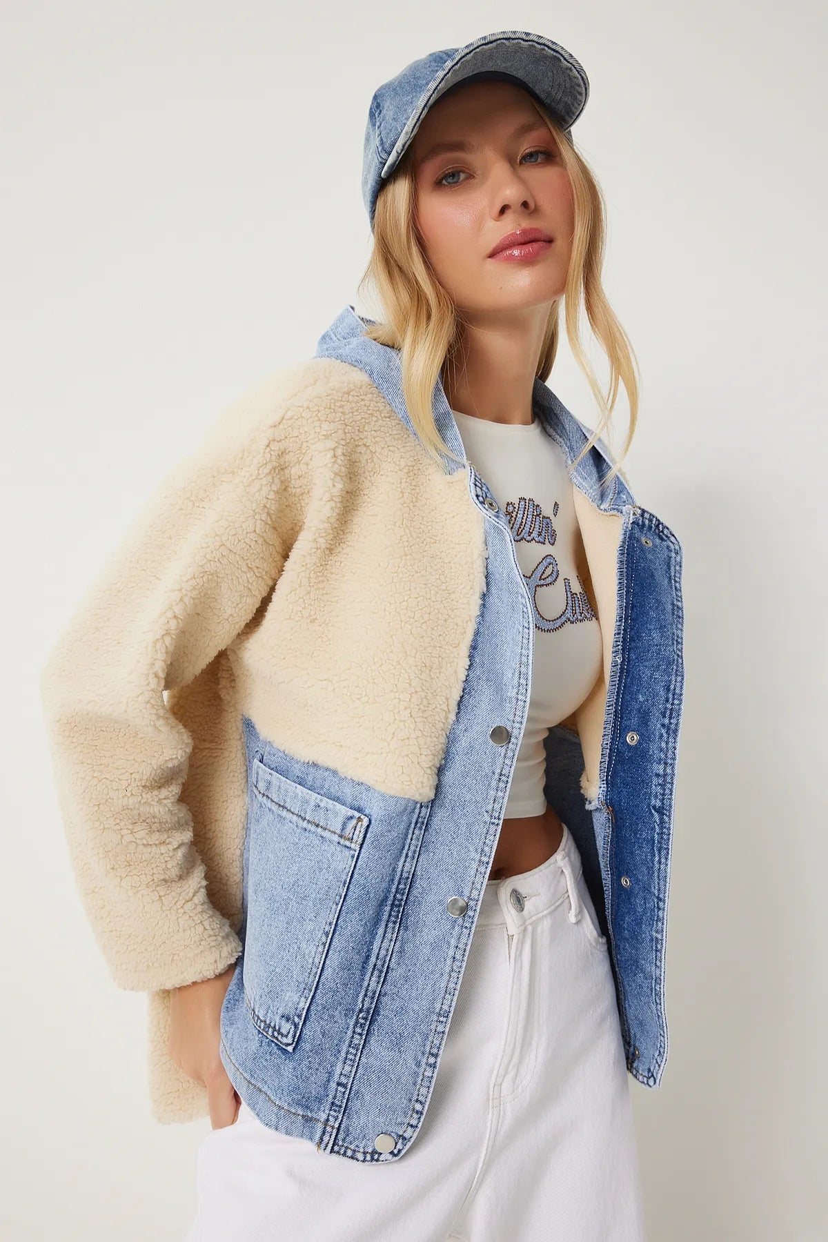 Cream Blue Hooded Denim Detailed Plush Jacket