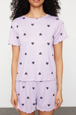 Lilac Heart Slogan Printed Elastic Detailed Ribbed Shorts Knitted Pajama Set