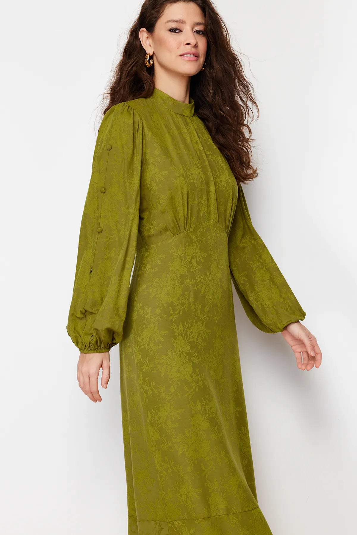 Dark Green Jacquard Floral Woven Dress