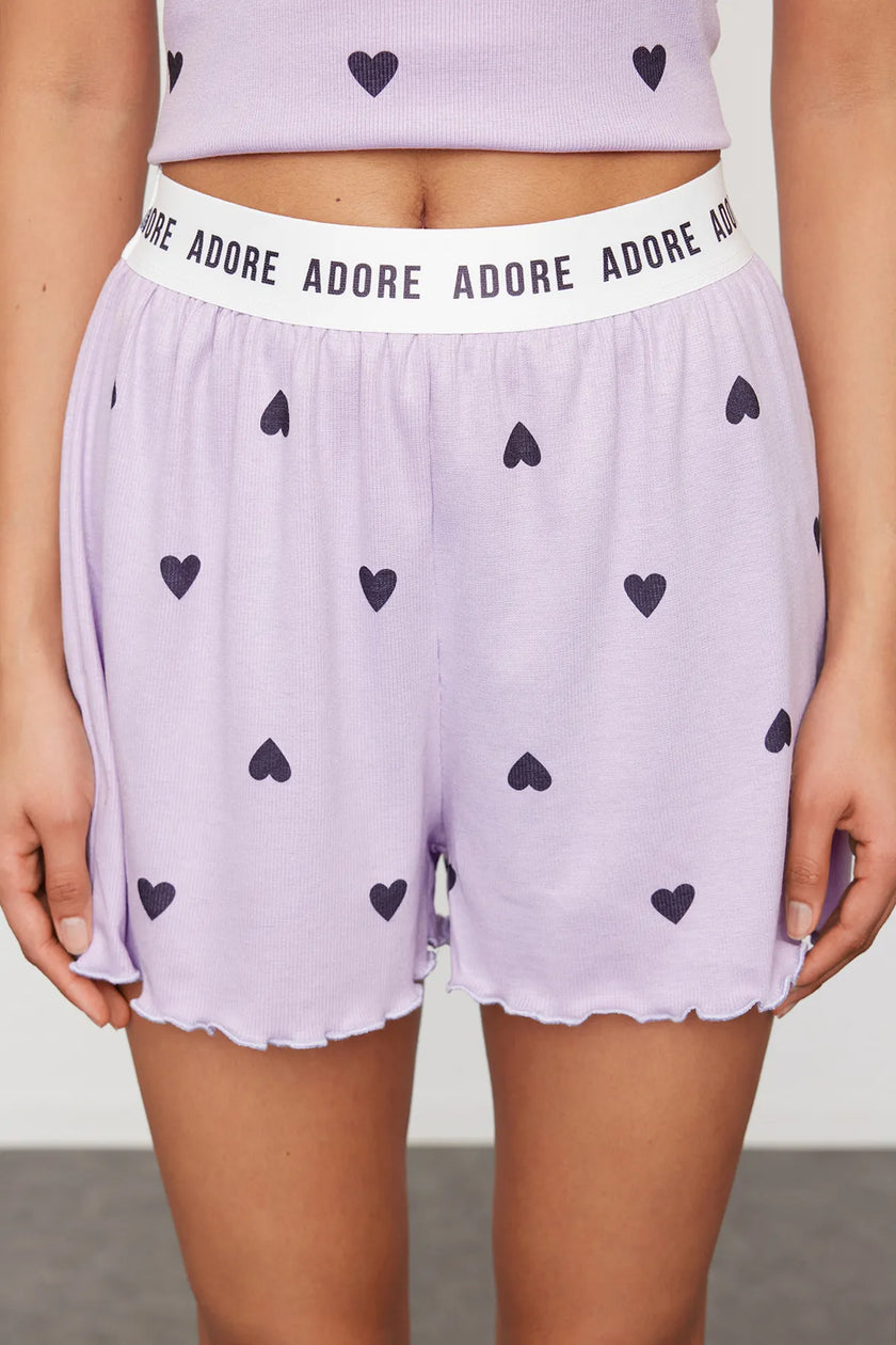 Lilac Heart Slogan Printed Elastic Detailed Ribbed Shorts Knitted Pajama Set