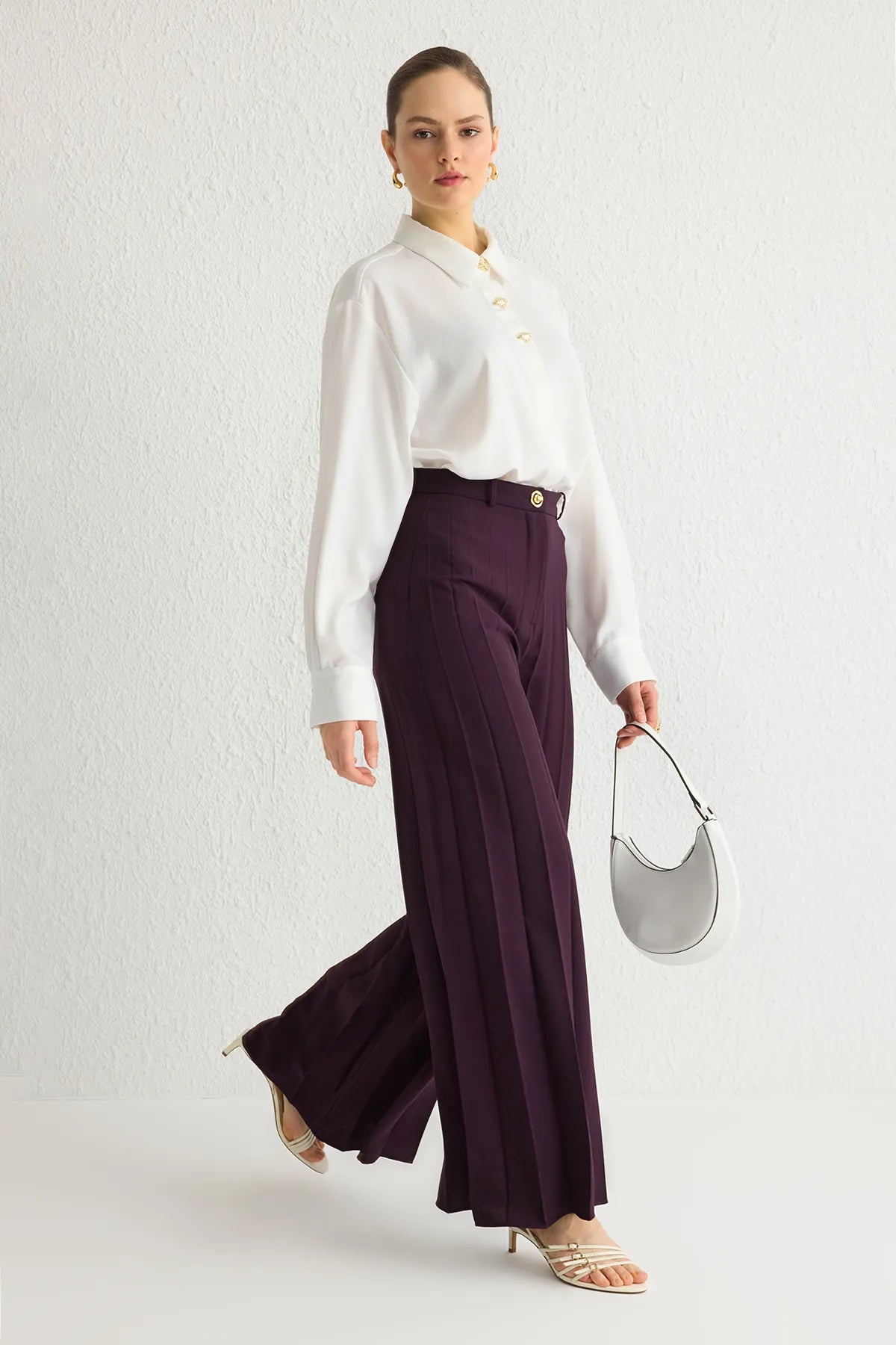 Plum Woven Wide Leg Pleated Detailed Fabric Trouser Skirt