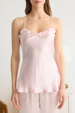 Pink Ruffled Rope Strap Satin Woven Pajama Set