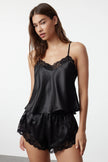Black Lace Rope Strap Satin Shorts Woven Pajama Set