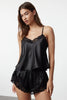 Black Lace Rope Strap Satin Shorts Woven Pajama Set