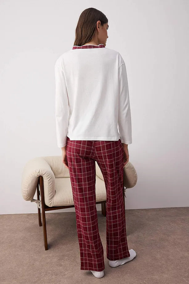 Burgundy  Heart Plaid Knit Pajama Set