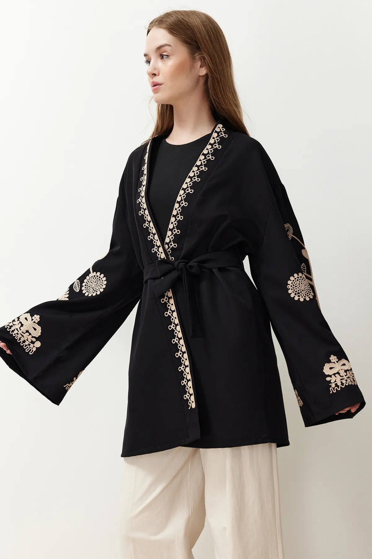 Black Woven Embroidered Cape &amp; Abaya &amp; Kimono