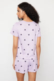 Lilac Heart Slogan Printed Elastic Detailed Ribbed Shorts Knitted Pajama Set